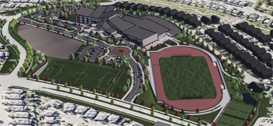 Aerial rendering of future Burke Mountain School