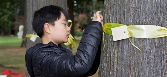 Youth tying a message of remembrance to a tree