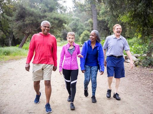 Four seniors walking down park path