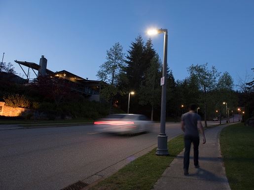 LED streetlight shining at night over Coquitlam walkway