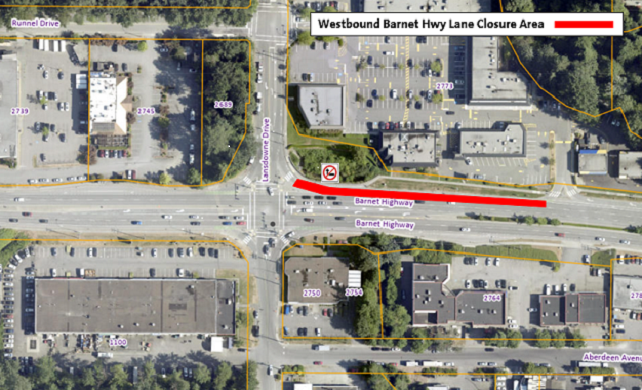 Westbound Barnet Highway Lane Closure Location Map