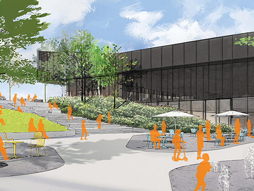 Artist rendering of the Burke Mountain Community Centre and outdoor plaza space
