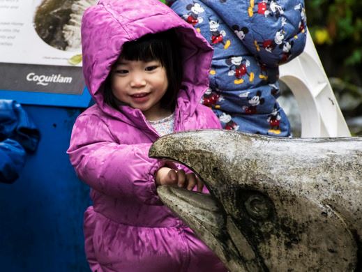 Child amazed by a salmon sculpture 