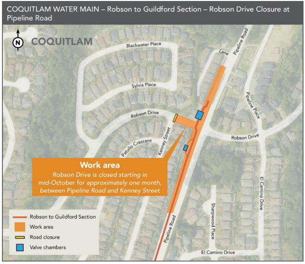 Approximate Work Area for Metro Vancouver Coquitlam Watermain - Robson Drive Closure at Pipeline Roa