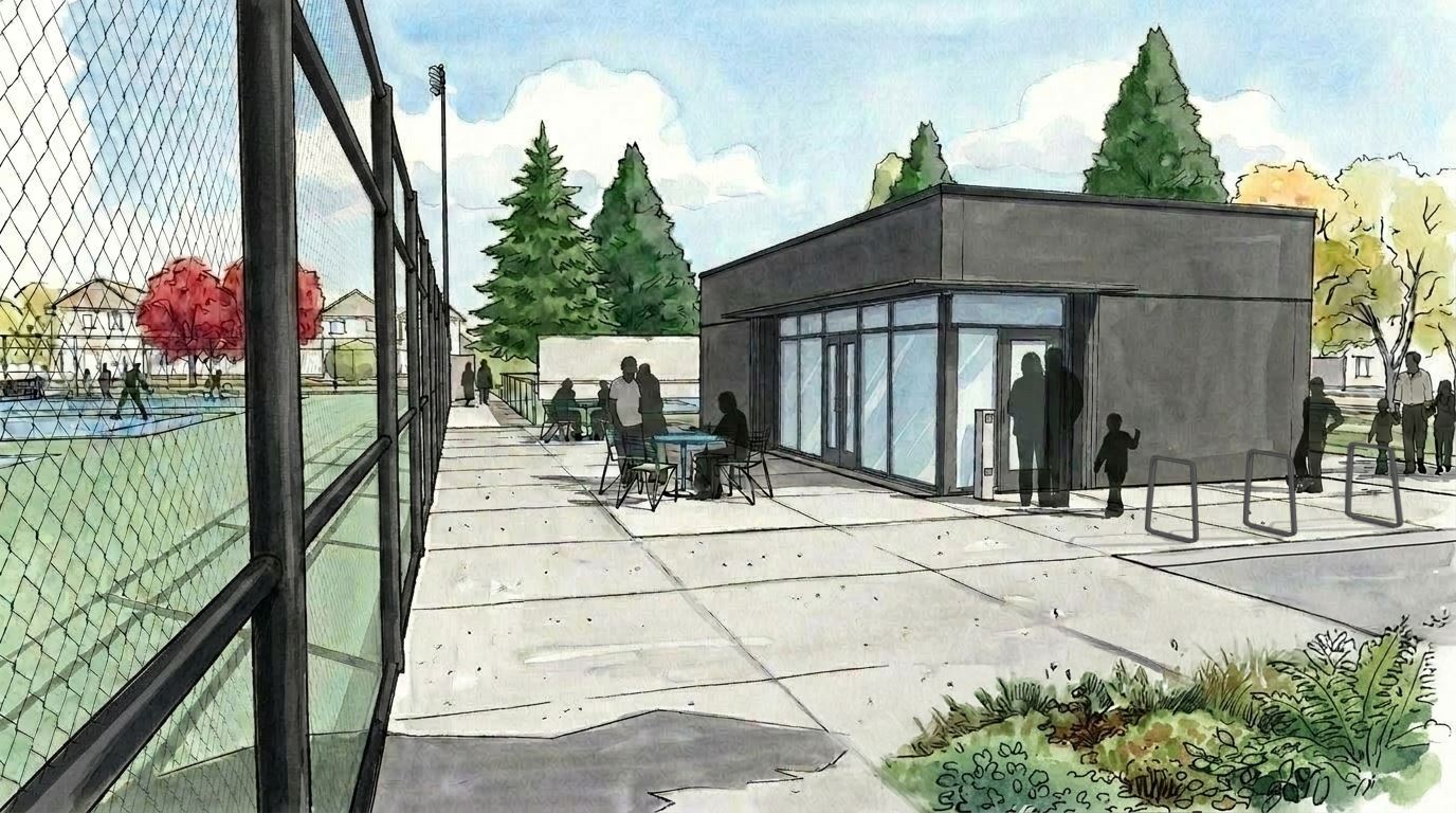Artist rendering of the new support building at the Town Centre Park tennis courts in Coquitlam