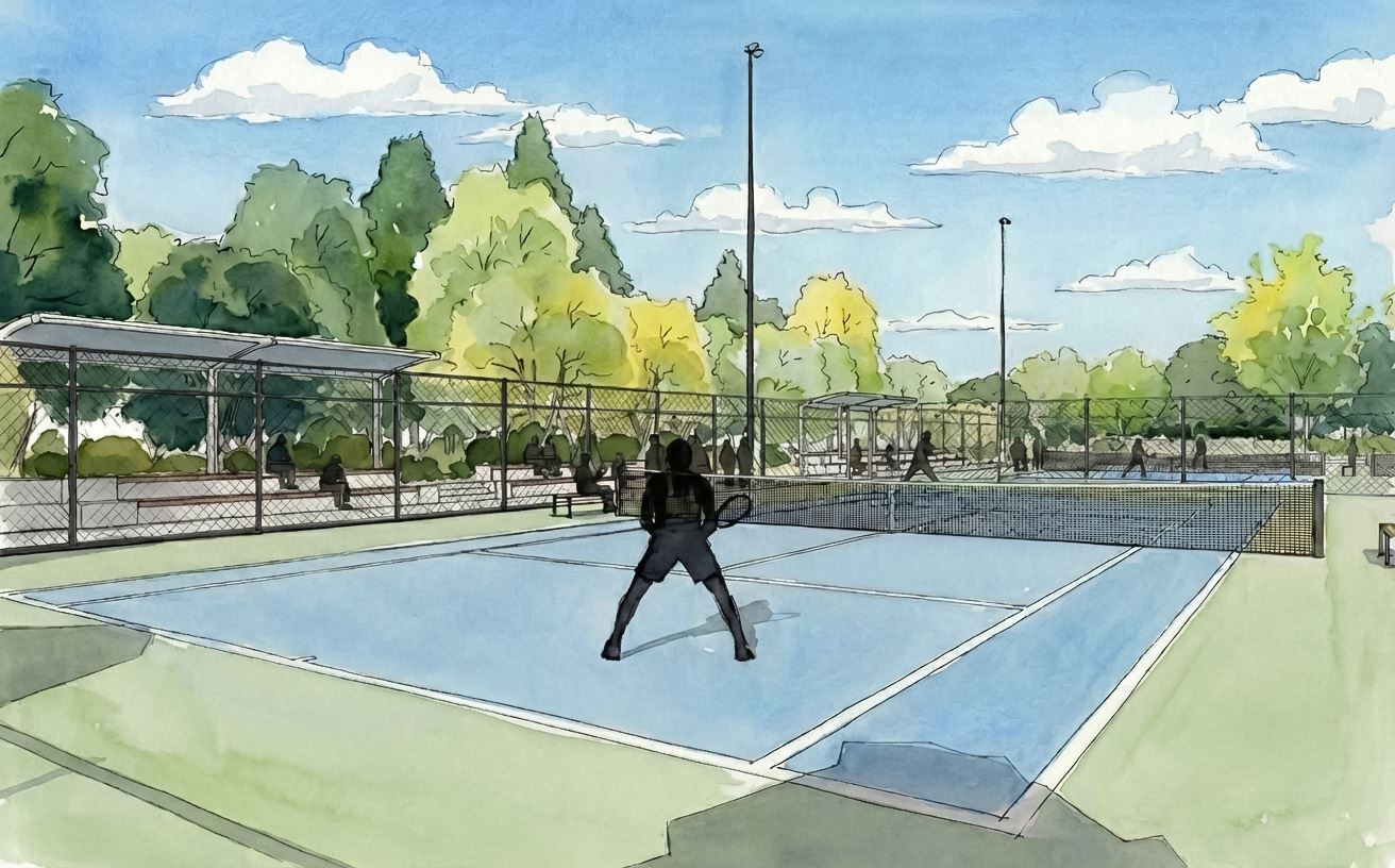 Artist rendering of the new Town Centre Park tennis courts with courtside spectator seating