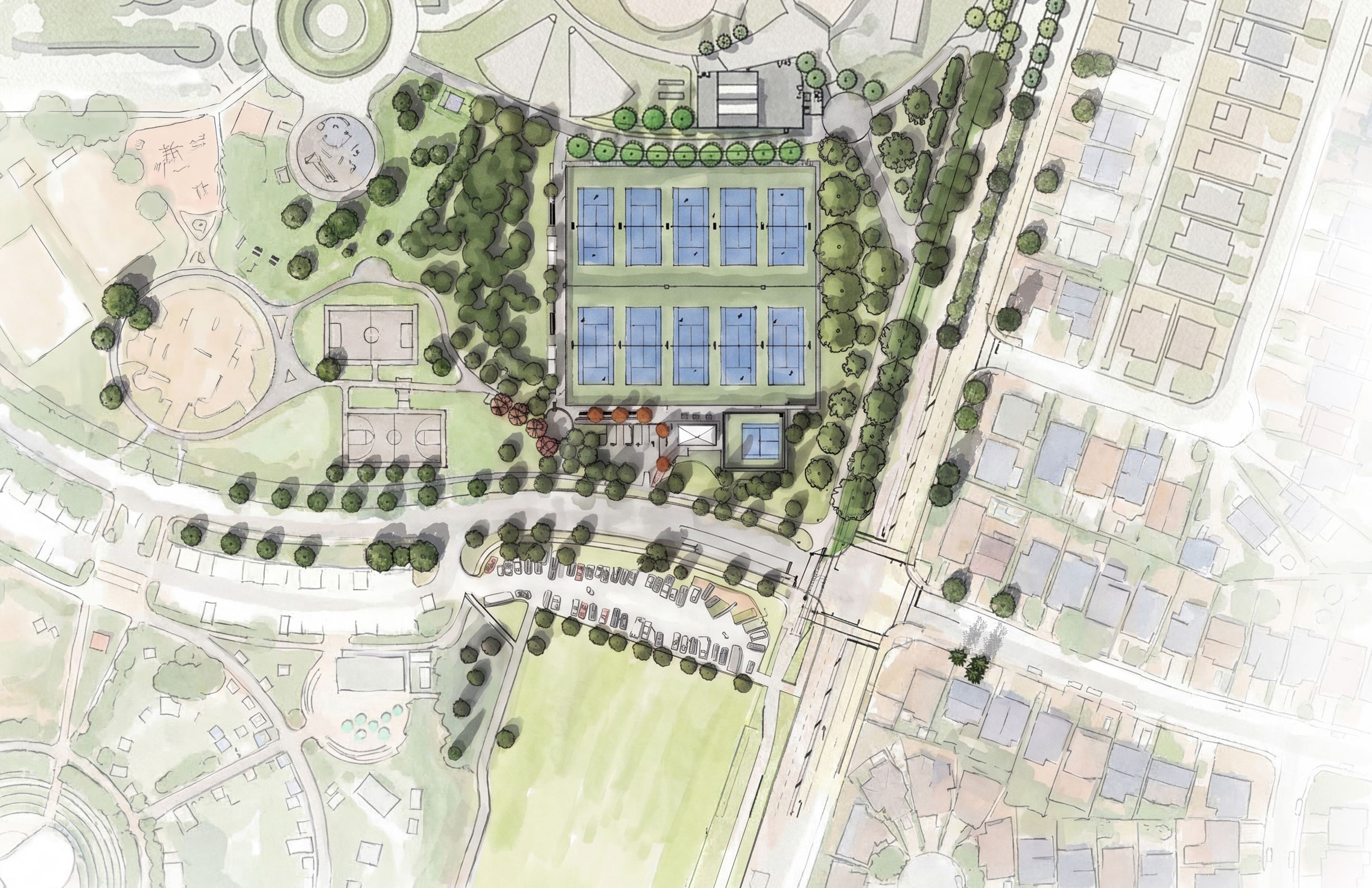 Artist rendering of the Town Centre Park aerial site plan showing the new tennis courts north of Trevor Wingrove Way and new lawn where the old courts were
