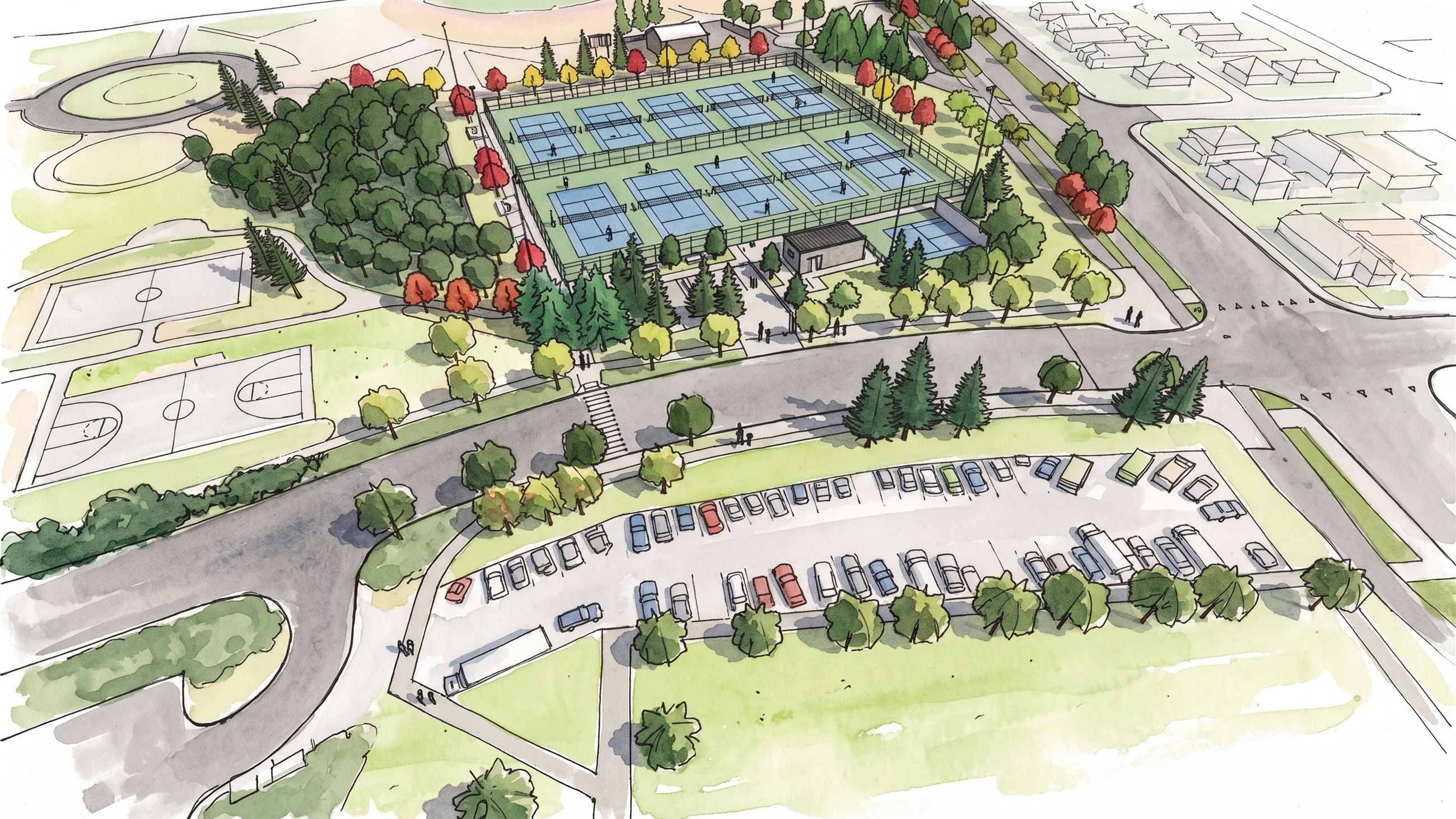 Artist rendering looking north over the new Town Centre Park tennis courts, with new open lawn where the original tennis courts are today