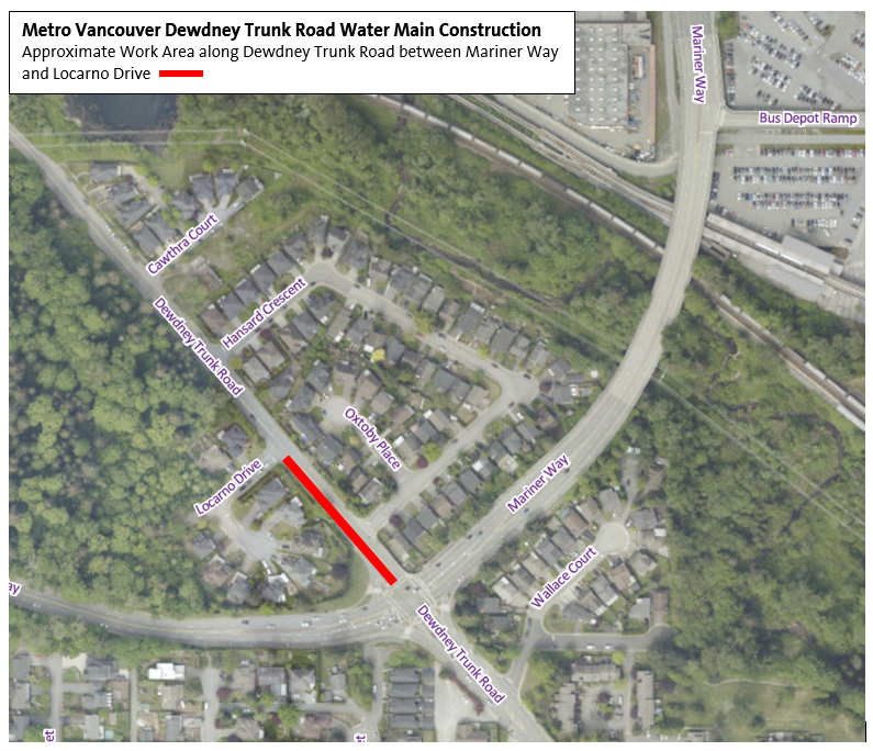 Approximate Work Area for Metro Vancouver Dewdney Trunk Road Water Main Work along Dewdney Trunk Roa