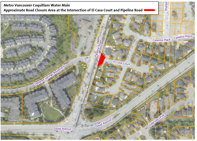 Metro Vancouver Coquitlam Watermain - Approximate Road Closure Area at the Intersection of El Casa C