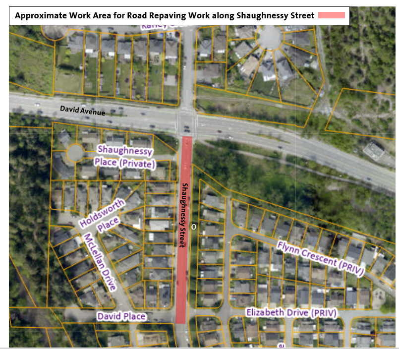 Approximate Work Area for Road Repaving Work Along Shaughnessy Street