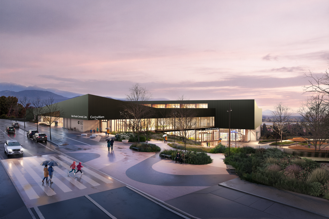 Burke Mountain Community Centre exterior view at dusk
