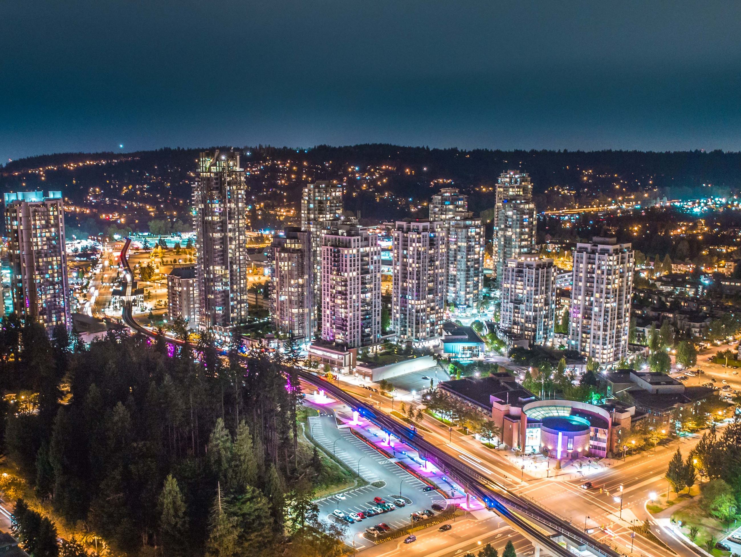 Aerial image of Coquitlam's City Centre at night