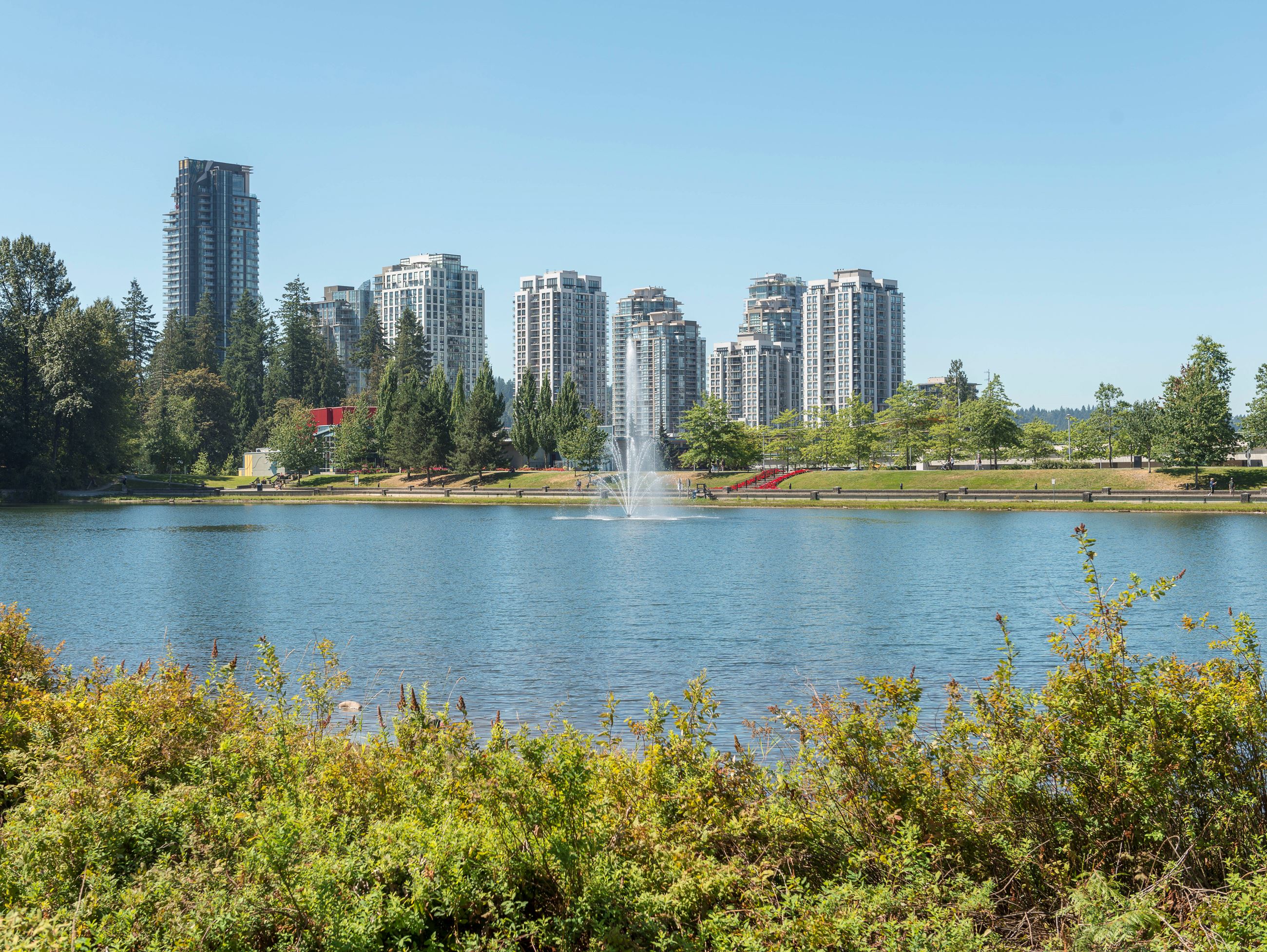 A view of Coquitlam's City Centre looking across Lafarge Lake