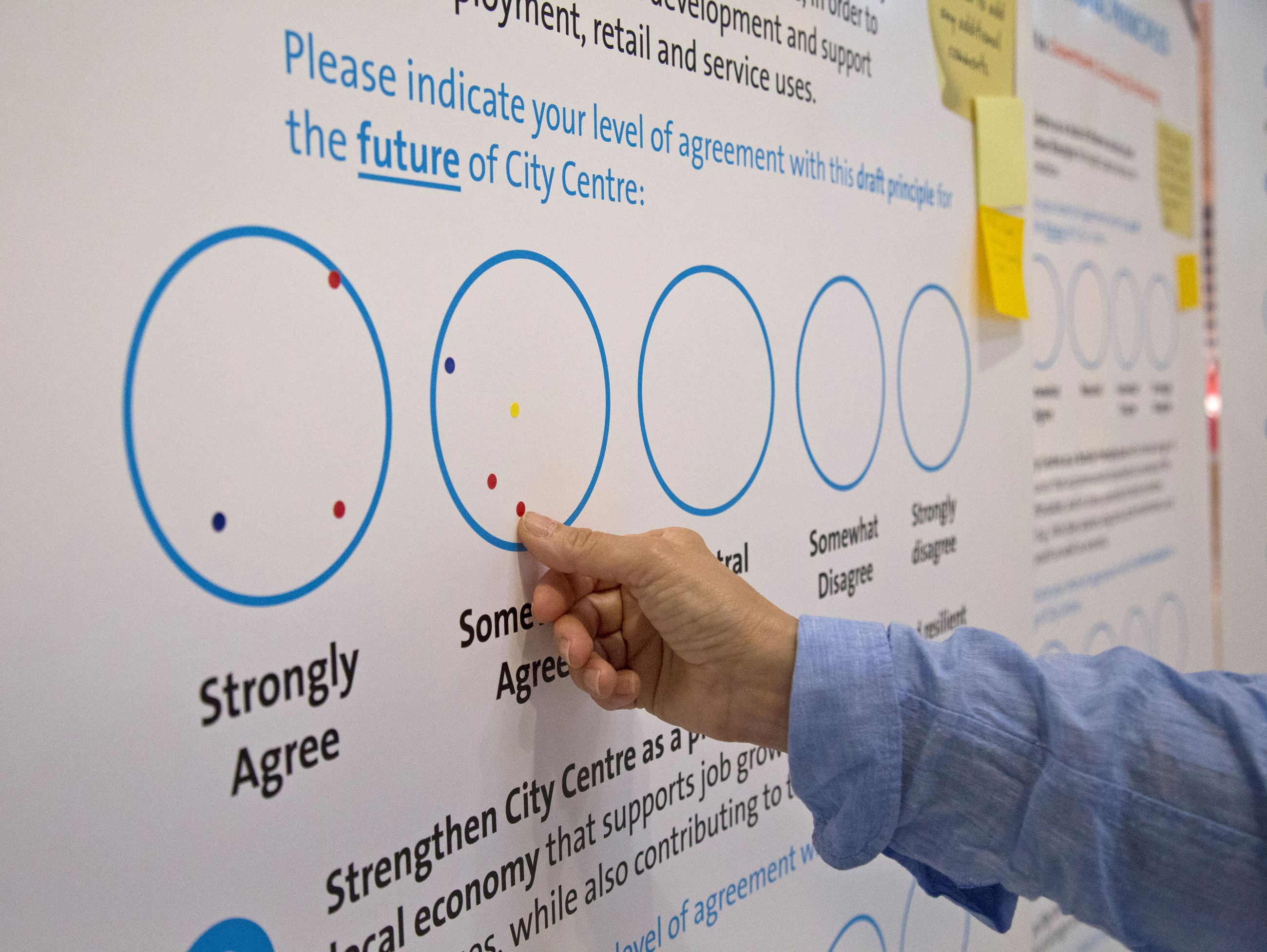 An person places a dot to indicate their support for a draft principle of the City Centre Area Plan