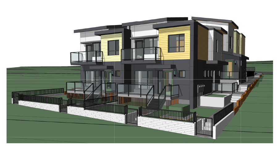 Computed generated image of a beech and cedar fourplex housing project