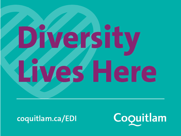 Graphic that says diversity lives here in purple on a teal background with a watermarked heart