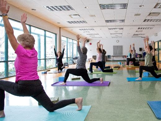 Yoga class with eight people in a stretch pose facing a large window