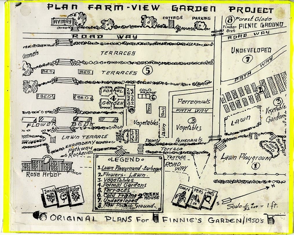 Laminated photocopy of the plans for the Farm-View garden project, c. 1950s Opens in new window