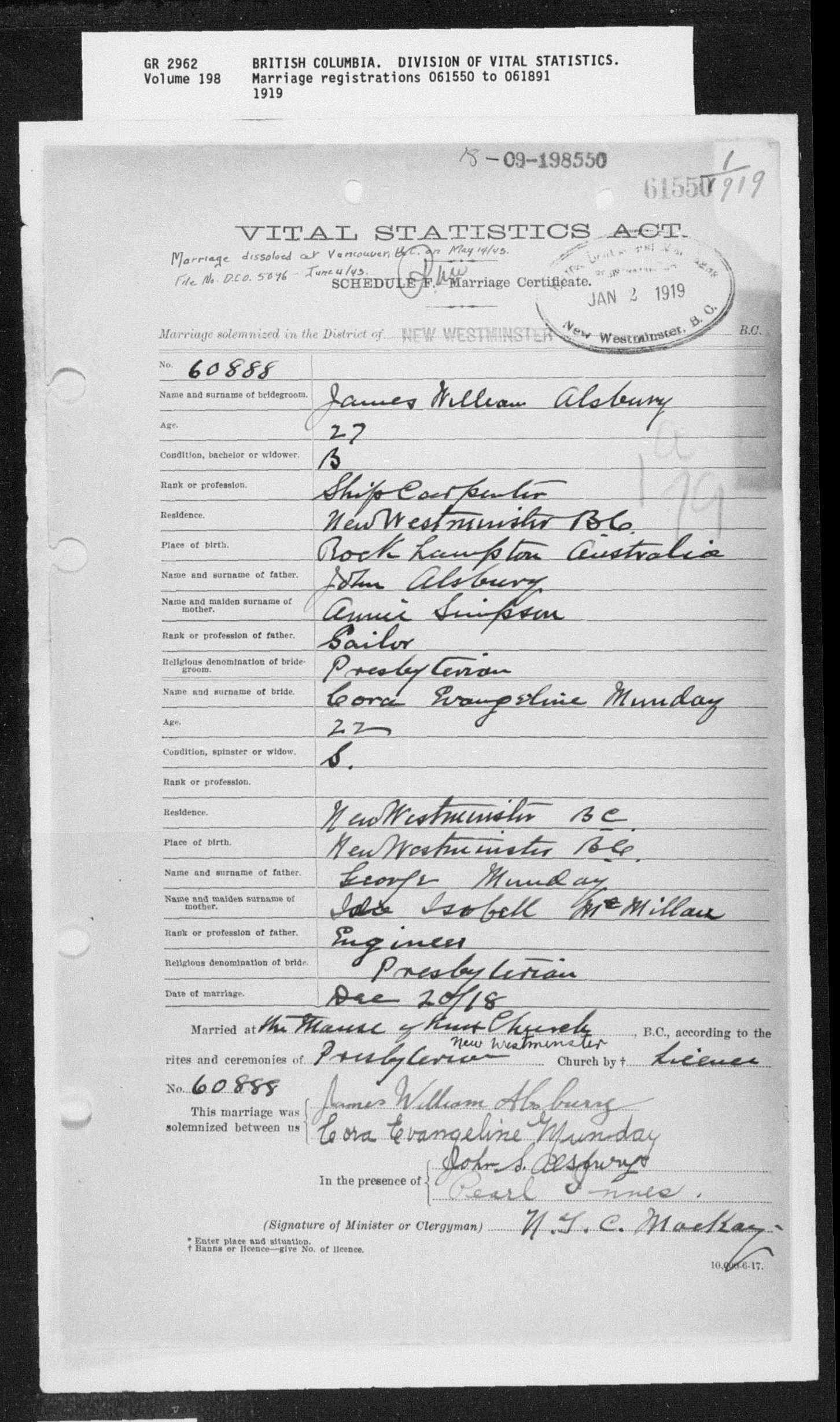 23 - Marriage Certificate, James Alsbury and Cora Munday, 1918  Opens in new window