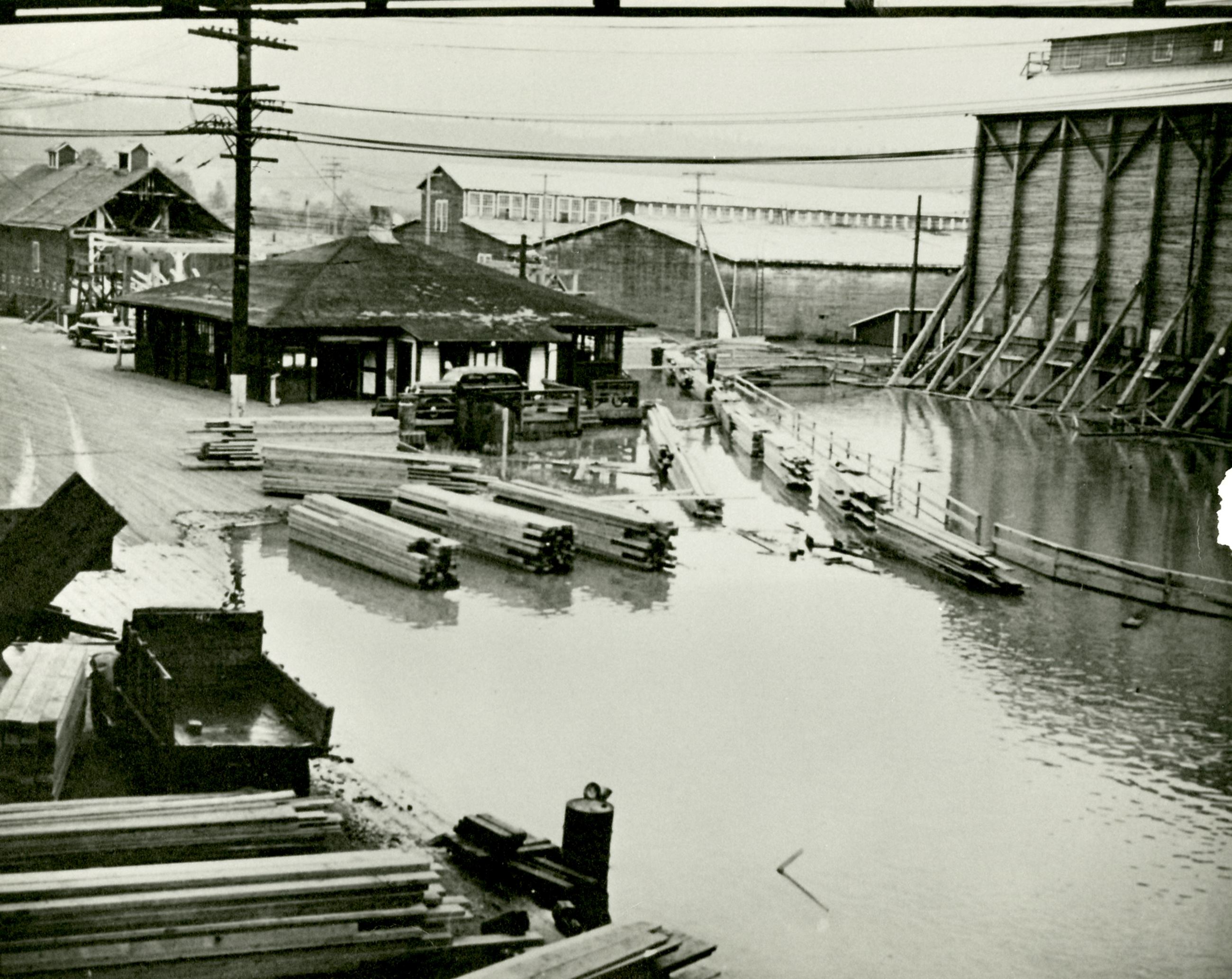 Fraser Mills Time Office during the flood, 1948 (Source City of Coquitlam Archives, MH.2011.3.83) Opens in new window